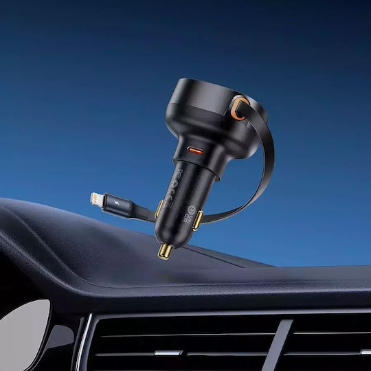 Baseus Pro Cell Phone Car Charger 55W 7A Fast Charging With One Port 1xType-C With Lightning Cable Black Colour