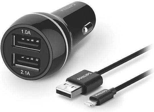Philips Car Charger 15W 3.1A with Ports 2xUSB with Lightning Cable Black Colour