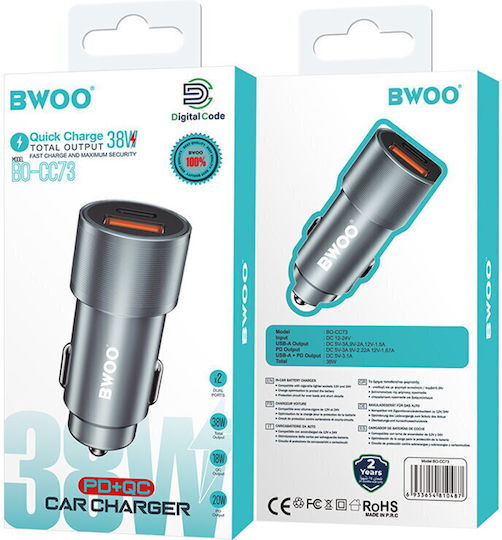 BWOO BO-CC73 Încărcător Auto 38W Cu Porturi 1xUSB 1xType-C Culoare Gri