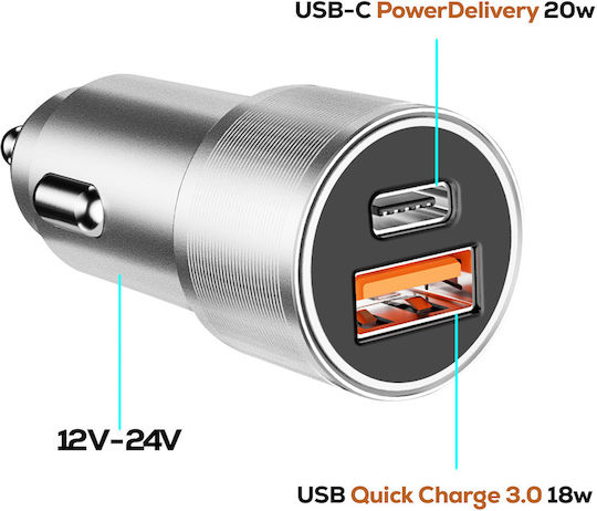 BWOO BO-CC73 Încărcător Auto 38W Cu Porturi 1xUSB 1xType-C Culoare Gri