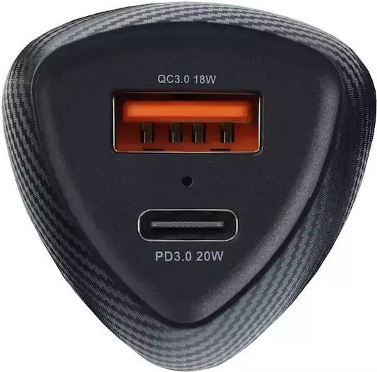 Forcell CC50-1A1C Auto-Ladegerät 18W 5A Schnellladen mit Anschlüssen: 1xUSB 1xType-C Schwarz Farbe