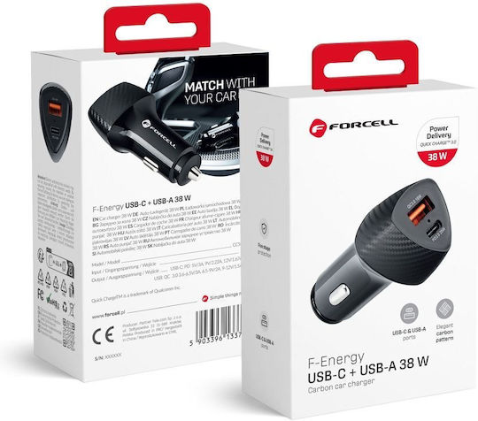 Forcell CC50-1A1C Auto-Ladegerät 18W 5A Schnellladen mit Anschlüssen: 1xUSB 1xType-C Schwarz Farbe