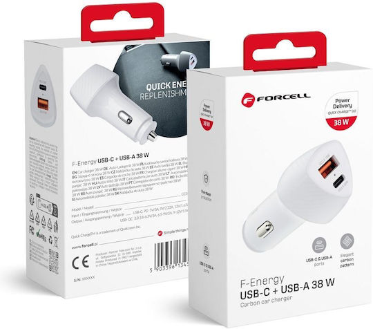 Forcell CC50-1A1C Handy-Autoladegerät 38W 5A Schnellladen mit Anschlüssen: 1xUSB 1xType-C Weiß Farbe