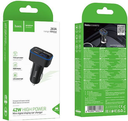 Hoco Auto-Ladegerät 42W Schnellladung mit Anschlüssen: 2xUSB 1xType-C mit Kabel Typ-C,TC-TC Schwarz Farbe