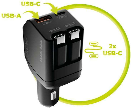 Mobile Origin 90w Car Charger Ca22 Usb-c + Usb-a 2x Usb-c Cable Mo-90cch-ca22
