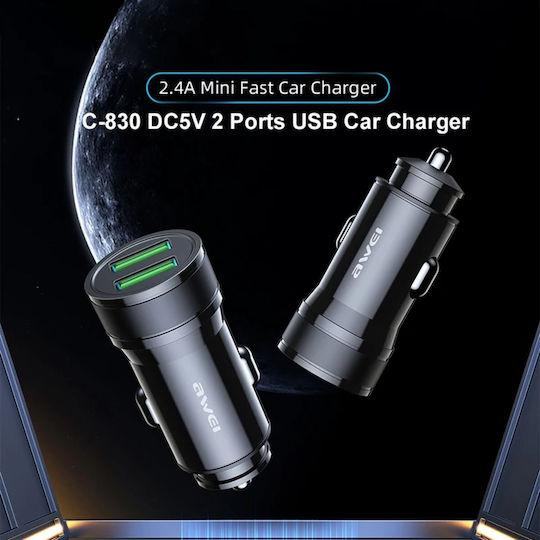 Awei C-830 Încărcător Auto 2.4A cu Porturi: 2xUSB Negru Culoare