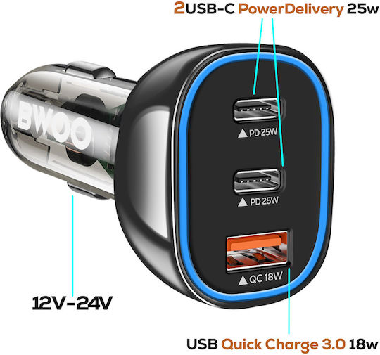 BWOO Încărcător Auto 68W Încărcare Rapidă cu Porturi: 1xUSB 2xType-C Negru Culoare