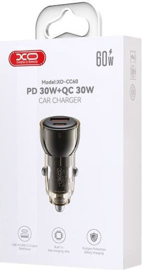 XO Cc60 Φορτιστής Αυτοκινήτου 60W 3A με Θύρες: 1xUSB 1xType-C Μαύρο Χρώμα