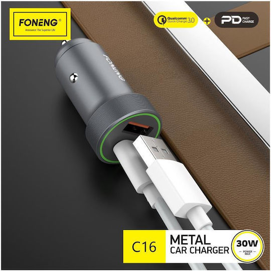 Foneng Auto-Ladegerät 18W 3A Schnellladen mit Anschlüssen: 1xUSB 1xType-C Schwarz Farbe