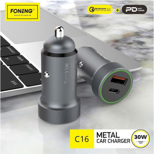 Foneng Auto-Ladegerät 18W 3A Schnellladen mit Anschlüssen: 1xUSB 1xType-C Schwarz Farbe
