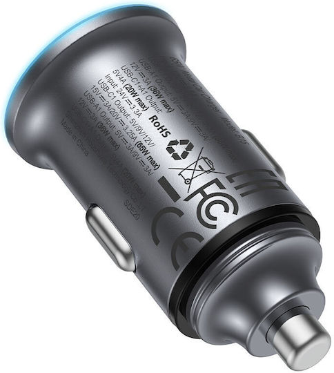 Acefast Auto-Ladegerät 65W Schnellladung mit Anschlüssen: 1xUSB 1xType-C mit Kabel Typ-C,TC-TC Gray Farbe
