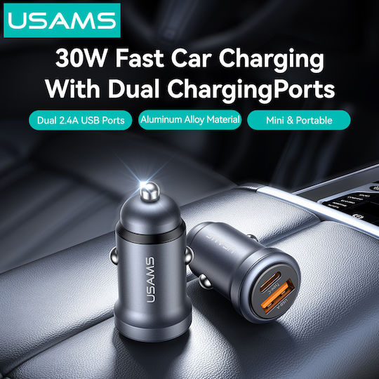 Usams Auto-Ladegerät 30W Schnellladung mit Anschlüssen: 1xUSB 1xType-C