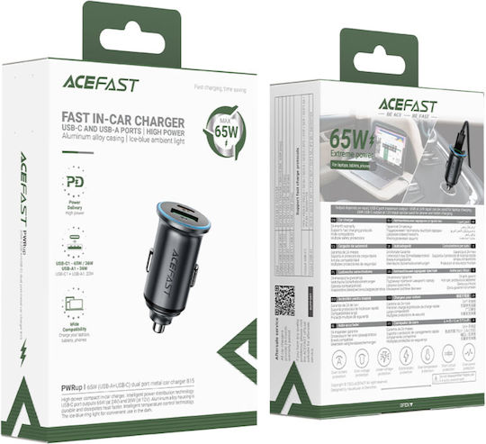 Acefast Auto-Ladegerät 65W Schnellladung mit Anschlüssen: 1xUSB 1xType-C mit Kabel Typ-C,TC-TC Gray Farbe