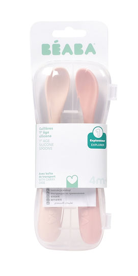 Beaba Baby Löffel Set aus Silikon mit Etui für 4+ Monate Rosa 2 Stück