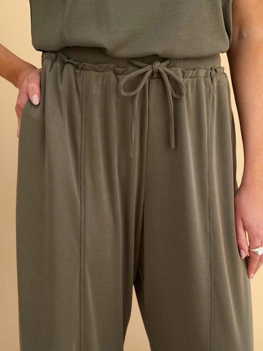 Women's Fabric Trousers with Rubber Band Khaki