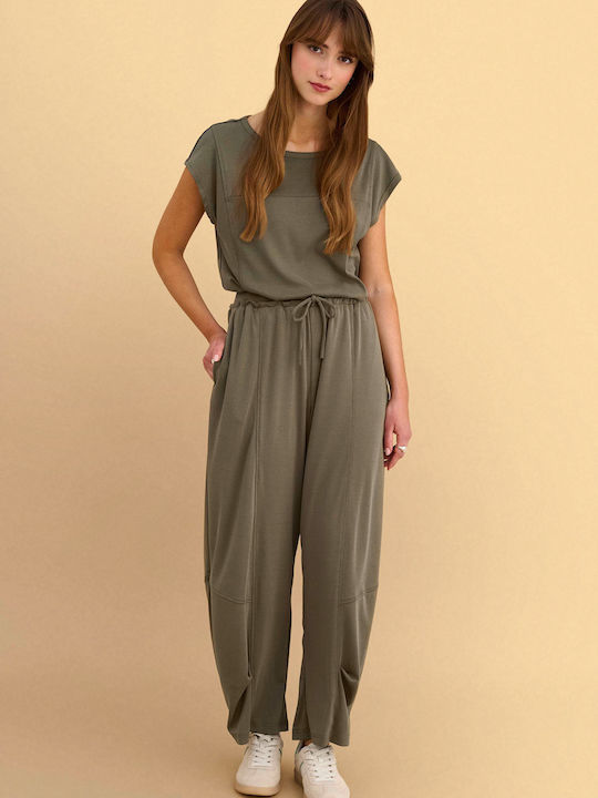 Women's Fabric Trousers with Rubber Band Khaki