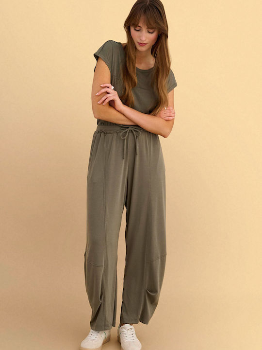 Women's Fabric Trousers with Rubber Band Khaki