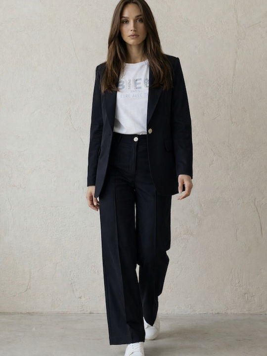 Women's Cotton Pantaloons with Rubber Band in Wide Leg Style Dark Blue