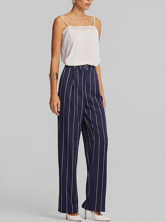 Women's High Rise Fabric Trousers in Straight Leg Striped Blue