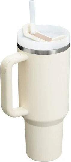 Stanley Quencher Чаша С Дръжка Термос Неръждаема Стомана Без BPA 1.18л Бежов Сламка И Дръжка