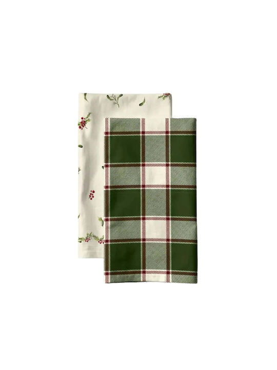 Set Of Kitchen Towels Holly Cotton Design Mistletoe & Check 2 Pieces Pgst0065