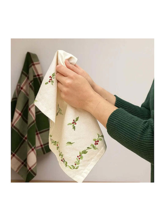 Set Of Kitchen Towels Holly Cotton Design Mistletoe & Check 2 Pieces Pgst0065