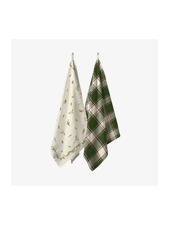 Set Of Kitchen Towels Holly Cotton Design Mistletoe & Check 2 Pieces Pgst0065