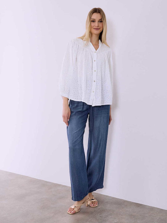 Celestino Damenhemden Mit Stickerei Durchbrochene Details Loose Fit Weiß