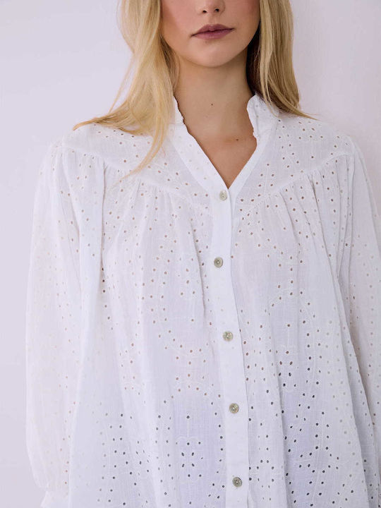 Celestino Damenhemden Mit Stickerei Durchbrochene Details Loose Fit Weiß