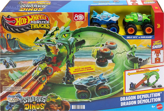 Hot Wheels Dinosaurs Track Monster Truck Track Sharks vs Dinosaurs Dragon Race 1:64 for Ages 4+