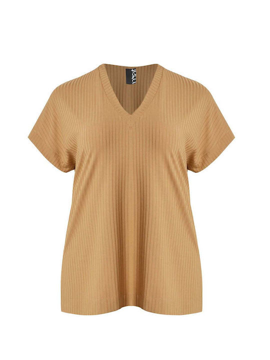 Bluza Damă Mâneci Scurte cu Decolteu în V Bej