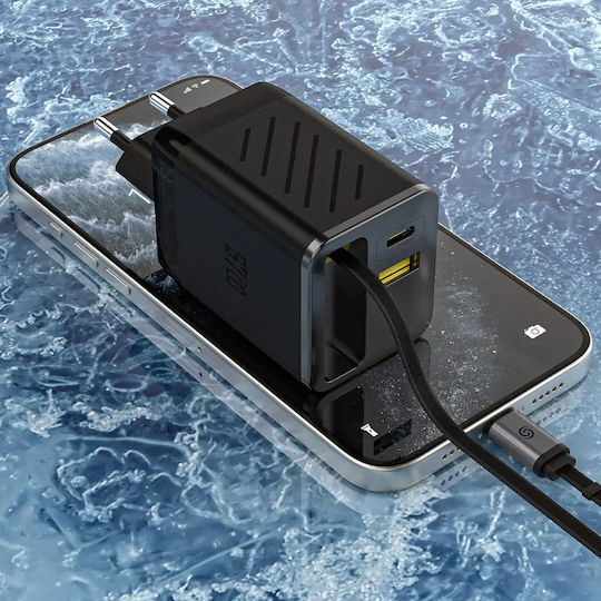 Dudao Charger with Built-in Cable GaN with USB-A Port and USB-C Port USB-C 67W Power Delivery / Quick Charge 3.0 Blacks (A67EU)