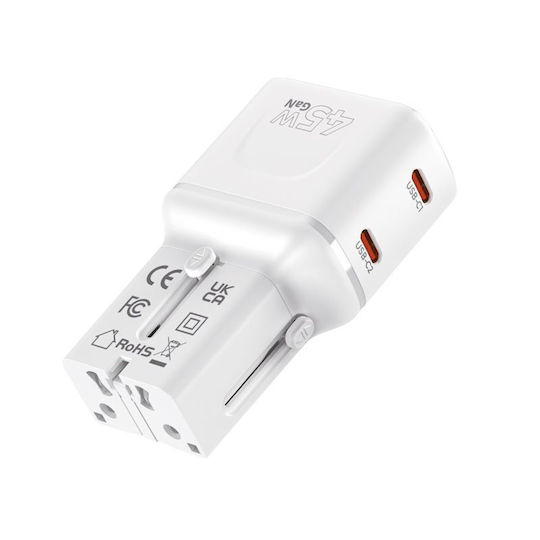 Mobile Origin Charger Without Cable GaN with 2 USB-C Ports 45W Power Delivery Whites (PW26)