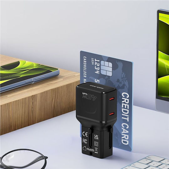 Mobile Origin Φορτιστής Χωρίς Καλώδιο GaN με 2 Θύρες USB-C 45W Power Delivery Μαύρος (PW26)