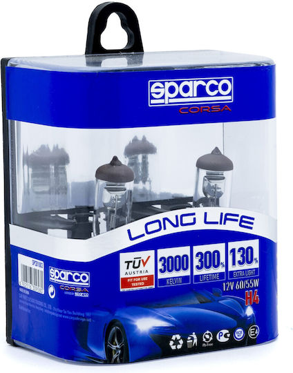 Sparco Lămpi Autoturismului Long Life 130% H4 Halogen 3000K Alb cald 12V 55W 2buc