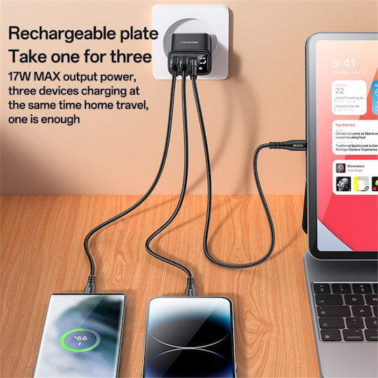 Yesido Incarcator Fara Cablu cu 2 Porturi USB-A si Port USB-C 17W Negru