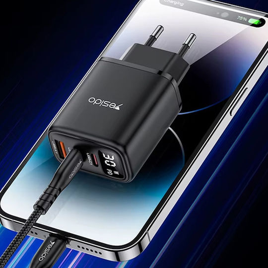 Yesido Încărcător cu Cablu USB-C Integrat 30W Power Delivery Negru