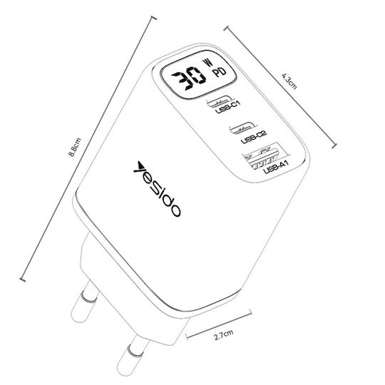 Yesido Încărcător cu Cablu USB-C Integrat 30W Power Delivery Negru