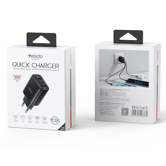 Yesido Încărcător cu Cablu USB-C Integrat 30W Power Delivery Negru