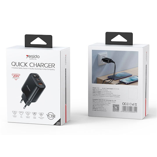 Yesido Incarcator Fără Cablu cu Port USB-A și Port USB-C 20W Power Delivery / Quick Charge 3.0 Negru