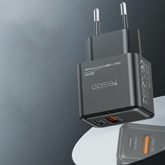 Yesido Incarcator Fara Cablu GaN cu Port USB-A si Port USB-C 30W Power Delivery Negru