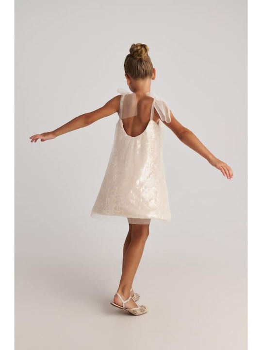 Girls Sleeveless Dress with Sequins Ecru