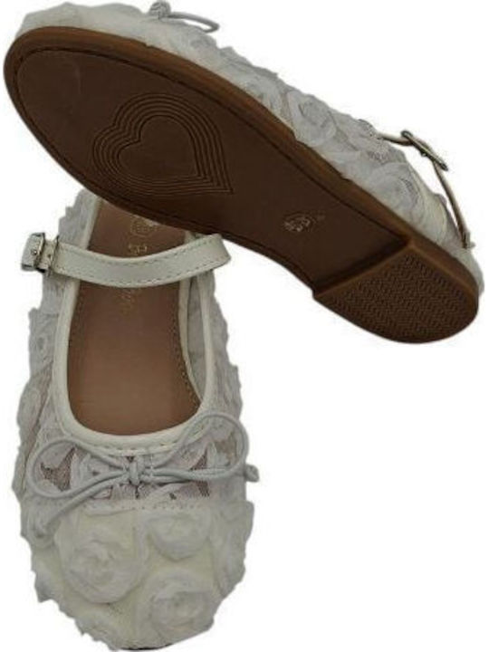 Kids Ballerinas With Adjustable Metal Clasp Fabric White