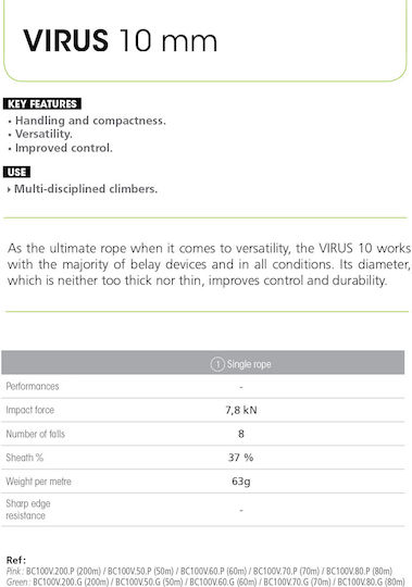 Beal Virus Standard Δυναμικό Σχοινί Ορειβασίας με Μήκος 70m Πράσινο