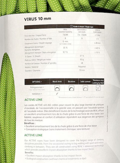 Beal Virus Standard Dynamic Climbing Rope with Length 60m Green