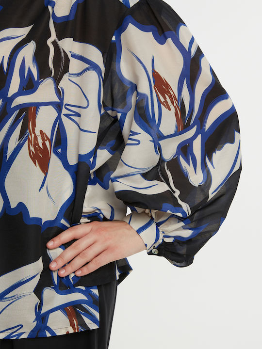 Women's Long Sleeve Floral Blue Blouse 8501.1046.1-Royal Blue