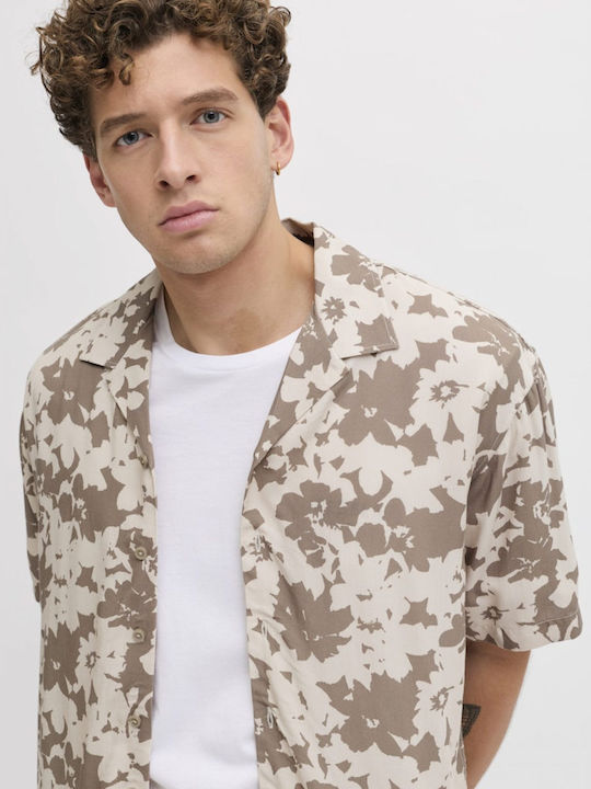 Short Sleeve Shirt in Wide Line Floral Beige 12290012 Moonbeam