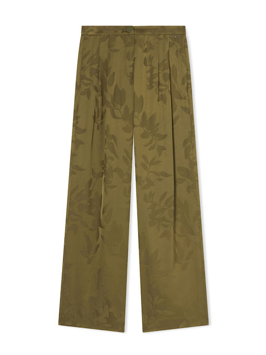 Women's High Rise Satin Pantaloons in Straight Leg Style Floral Khaki