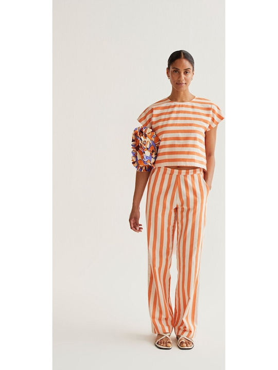 Women's Fabric Trousers with Rubber Band Striped Orange