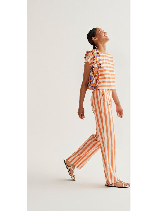 Women's Fabric Trousers with Rubber Band Striped Orange